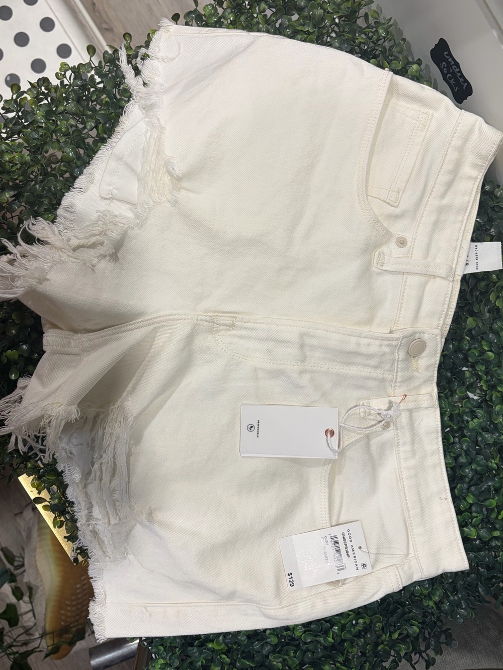 Good American White Frayed Hem Denim Cutoff Shorts